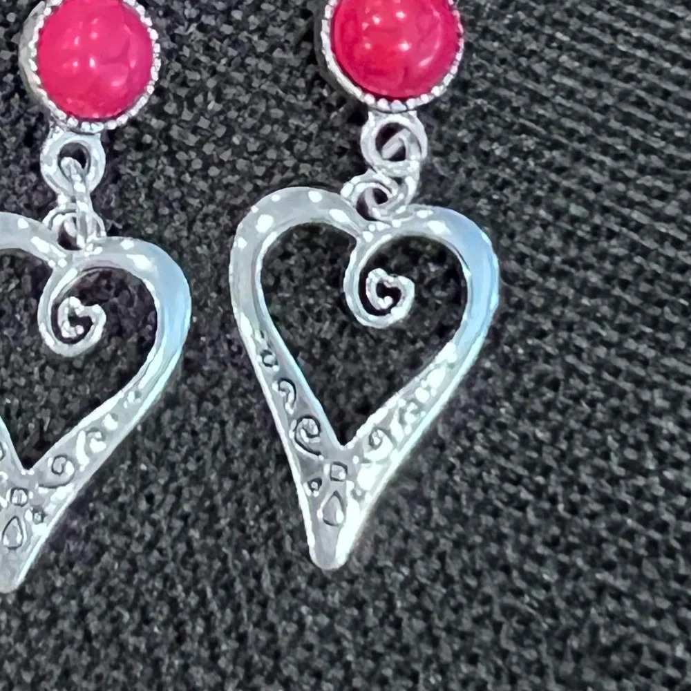 NWOT - Silver Heart Dangle Earrings with Red Accents